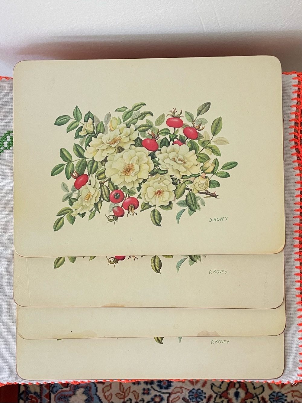 Vintage D. Bovey Floral Illustration Cork Board Placemats Set of 4